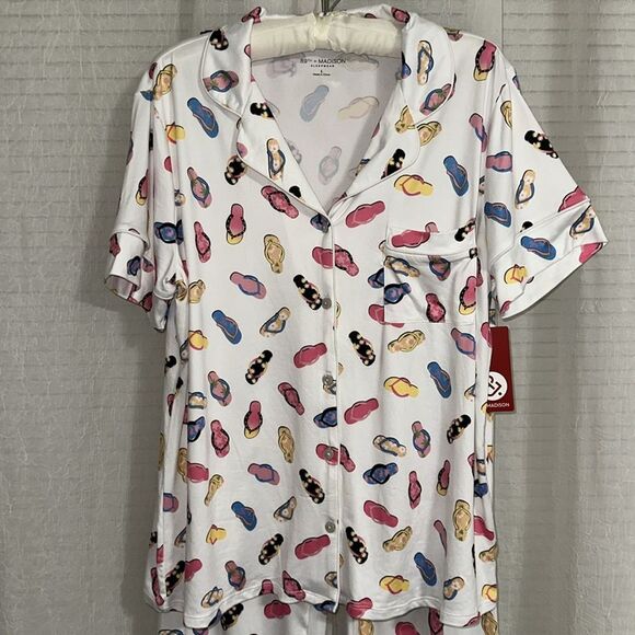 89th+MADISON L White Colorful Flip Flops Notch Collar Short Sleeve Pants PJ Set - Picture 6 of 14